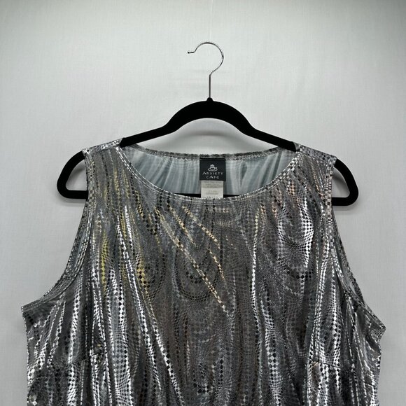 Anxiety Café Vtg 90s Metallic Top Women 18/20 Sleeveless Pullover Stretch Silver - Picture 3 of 9